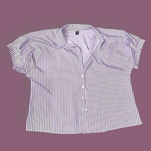 Purple & White Vertical Stripe Button-Up Oversized Blouse 1X SHEIN curve